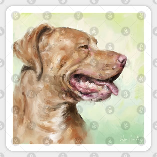 Oil Painting of a Beautiful Red Nose Pit Bull Smiling on a Green Background Sticker by ibadishi